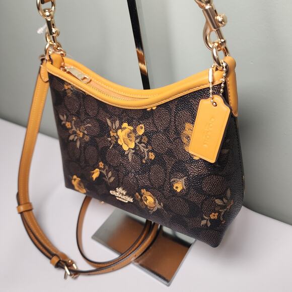 NWT Coach CCF17 Laurel Small Shoulder Signature Canvas Floral Walnut/Yellow V3 - Picture 4 of 5